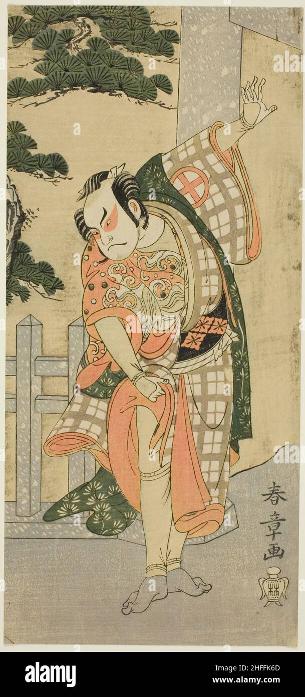 Der Schauspieler Otani Hiroji III in einer Bühnenpose (Mie) vor einem Schrein-Tor, Japan, c. 1769/1770. Stockfoto