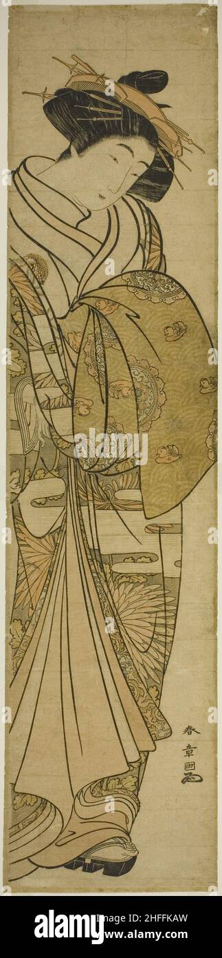 Kurtisane trägt einen Kimono mit Chrysantheme-Muster, Japan, c. 1776. Stockfoto