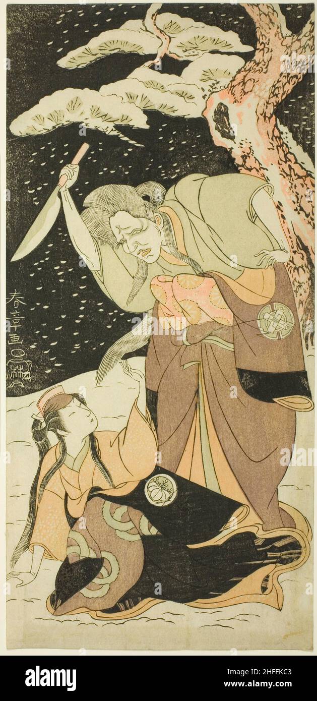 Nakamura Utaemon I als Karashi Baba und Yoshizawa Sakinosuke III als Shirotae, Japan, um 1769. Stockfoto