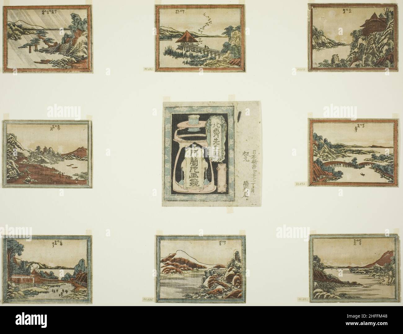 Acht Ansichten von Omi im Ätzstil (Doban Omi hakkei) und Deckblatt, Japan, 1804/16. Stockfoto
