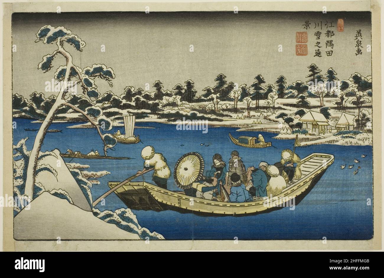 Fernansicht des Schnees auf dem Sumida Fluss in Edo, Japan, c. 1840/44. Stockfoto