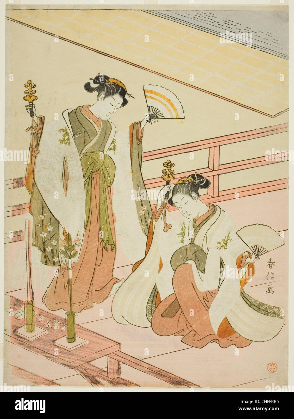 Der Tanz des Schreins Maidens Ohatsu und Onami, c. 1769. Stockfoto