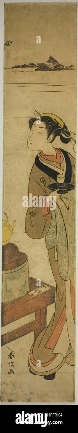 Die Kellnerin Osen des Kagiya Teehauses trägt eine Tasse Tee, c. 1769/70. Stockfoto