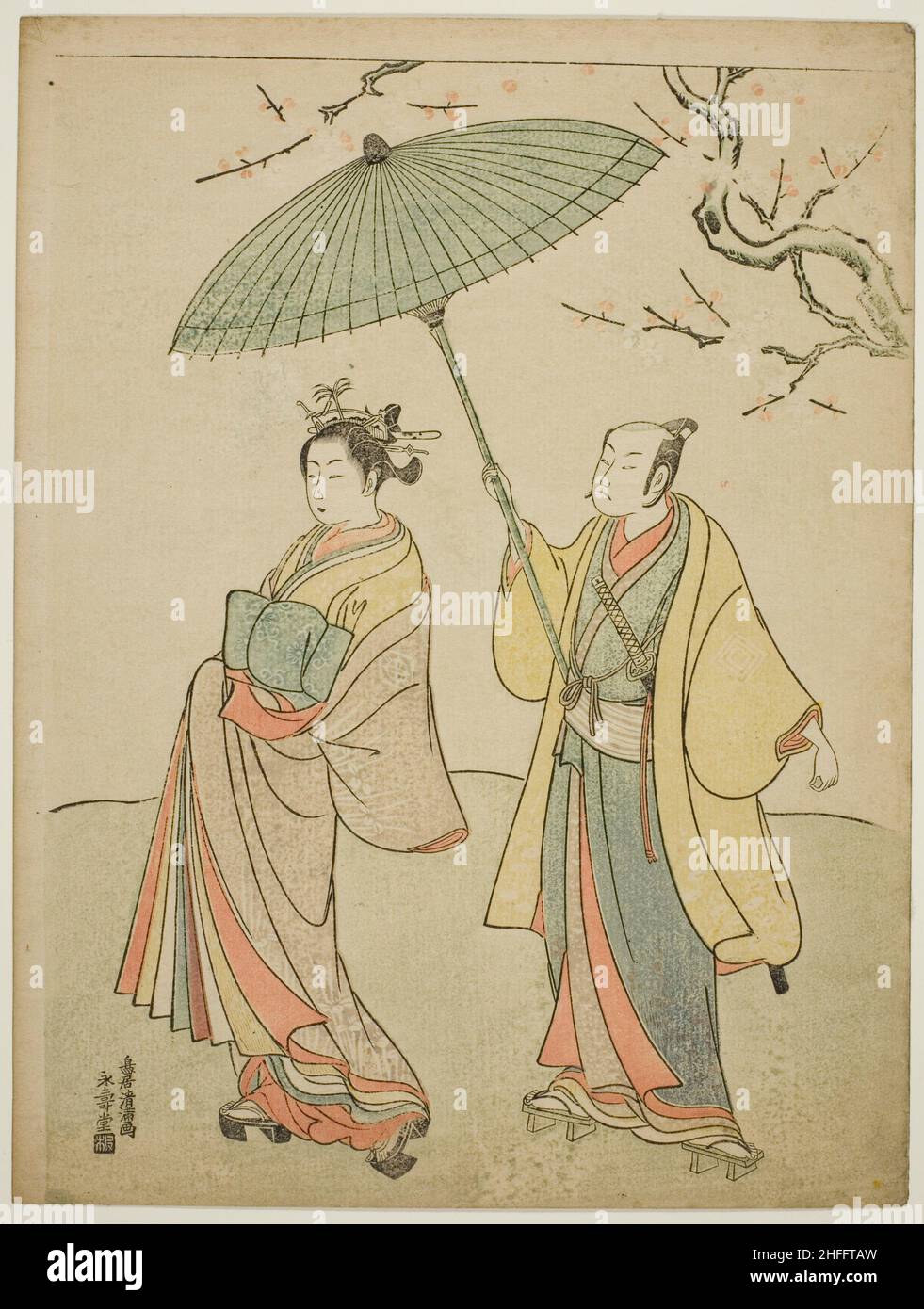 Die Schauspieler Ichikawa Komazo I (L) und Nakamura Matsue I (R), c. 1770. Stockfoto