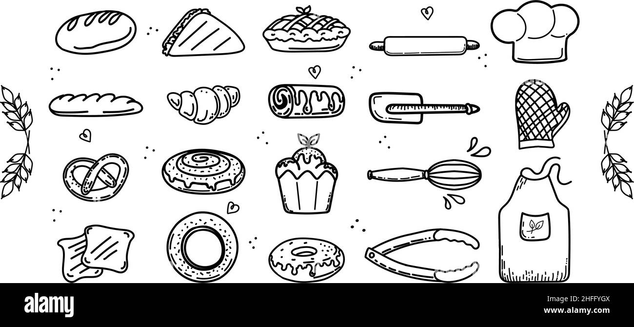 Ein Satz isolierter handgezeichneter Elemente. Brotprodukte, Teigwaren und Küchenkleidung. Weizenohren. Symbole: Baguette, Croissant, Kuchen, Brezel, Brötchen, Rolle Stock Vektor