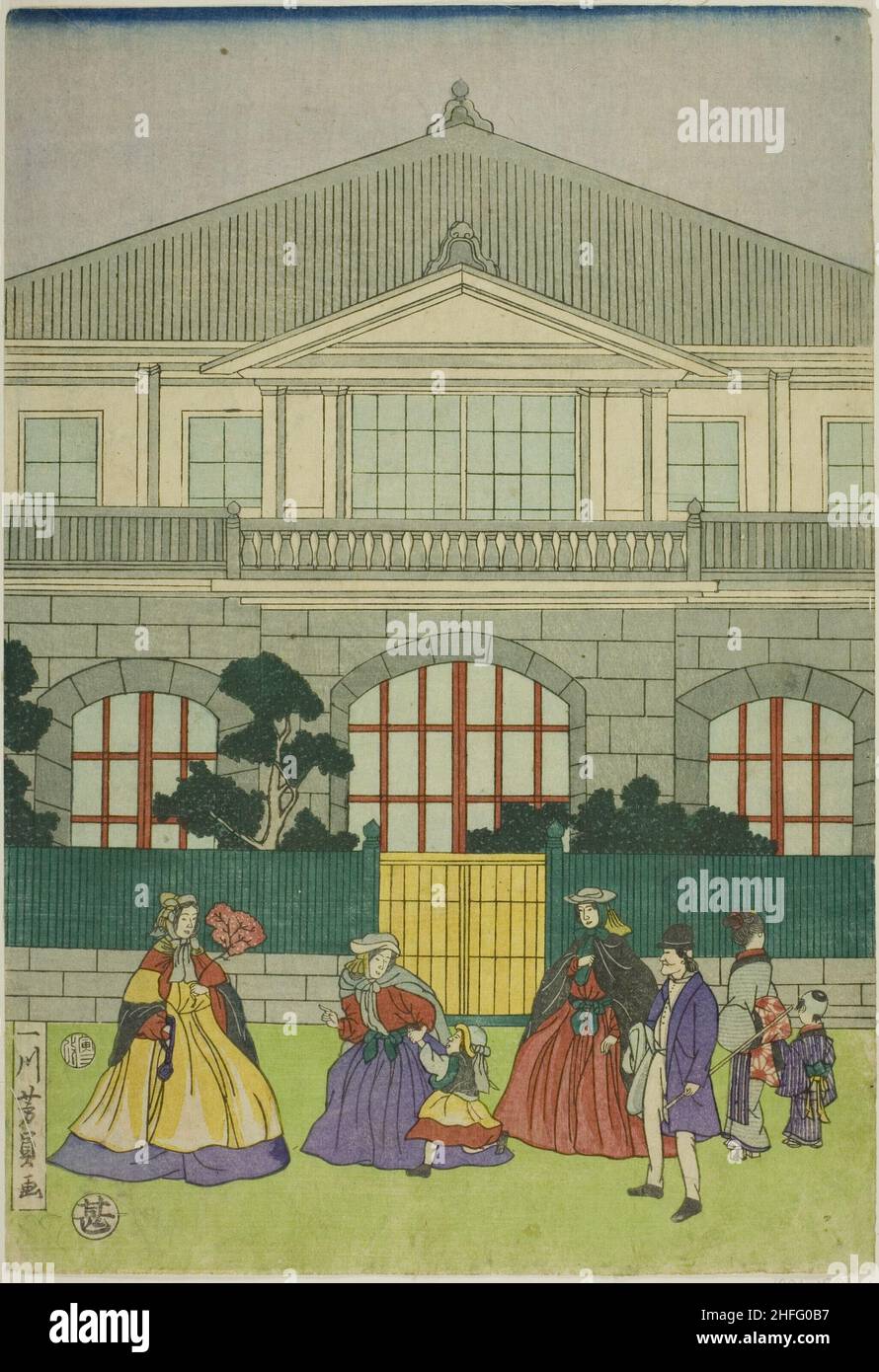 Residenz des französischen Händlers im Hafen von Yokohama (Yokohama ko Furansu shokan no zu), 1866. Stockfoto Residenz des französischen Händlers im Hafen von Yokohama (Yokohama ko Furansu shokan no zu), 1866. Stockfoto