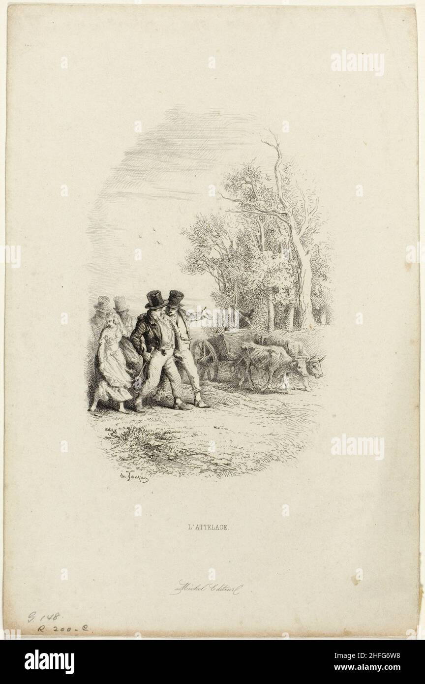Der Ochsenkarren, Illustration aus Fabeln von Lachambaudie, 1851. Stockfoto