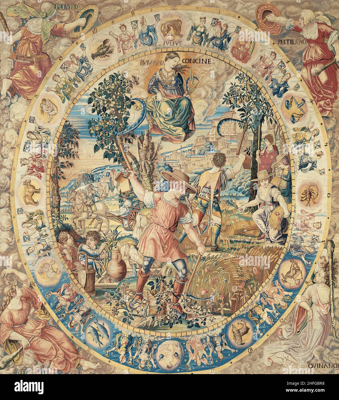 Juli, von den Medallion-Monaten, Brüssel, vor 1528. Ernteszene mit Runcina, der Göttin des Jäten oder Mähen in der römischen Mythologie. Im kreisförmigen Rahmen sind die Zeichen des Tierkreises. In den vier Ecken sind Personifikationen von Krankheiten. Nach einem Entwurf eines Künstlers im Kreis von Bernard van Orley. Detail aus einem größeren Kunstwerk. Stockfoto Juli, von den Medallion-Monaten, Brüssel, vor 1528. Ernteszene mit Runcina, der Göttin des Jäten oder Mähen in der römischen Mythologie. Im kreisförmigen Rahmen sind die Zeichen des Tierkreises. In den vier Ecken sind Personifikationen von Krankheiten. Nach einem Entwurf eines Künstlers im Kreis von Bernard van Orley. Detail aus einem größeren Kunstwerk. Stockfoto