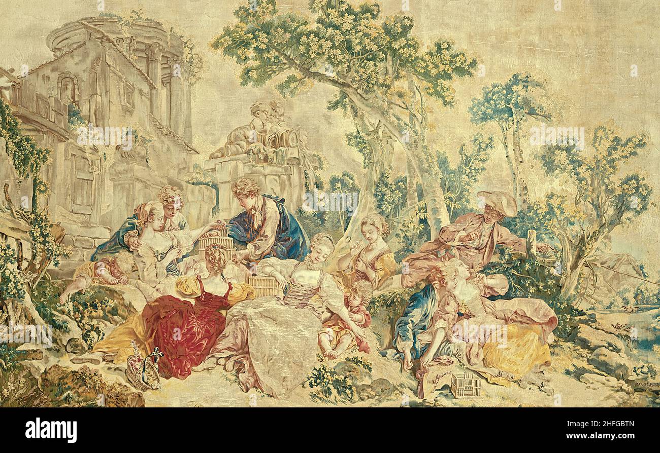 Der Vogelfänger, aus der edlen Pastoral, Beauvais, 1778/80. Gewebt in der Manufaktur Royale de Beauvais unter der Leitung von Andr&#xe9; Karl der große Charron, nach einem Cartoon von Fran&#XE7;ois Boucher. Detail aus einem größeren Kunstwerk. Stockfoto