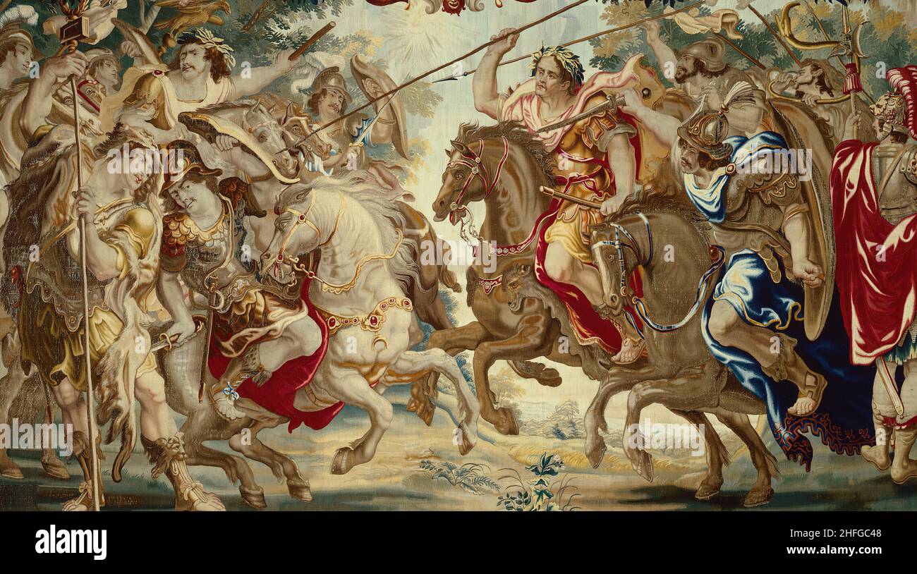 Caesar besiegt die Truppen von Pompey, aus 'The Story Caesar and Cleopatra', Flandern, c. 1680c. 1680. Nach einem Entwurf von Justus van Egmont in der Werkstatt von Gerard Peemans gewebt. Detail aus einem größeren Kunstwerk. Stockfoto