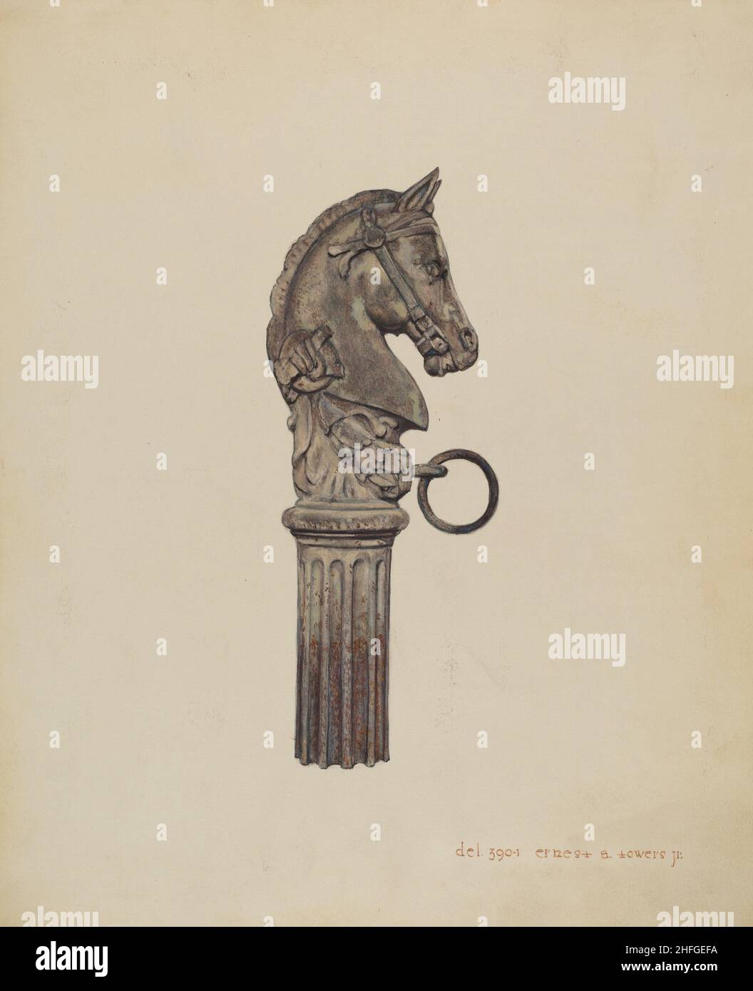 Horse Head Hitching Post, 1935/1942. Stockfoto