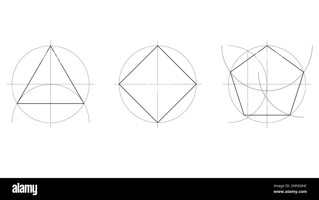 Geometrieunterricht, technische geometrische Konstruktion eines gleichseitigen Dreiecks, Quadrat und des zeichens des dreiecks, zweidimensionale Formen geometrische Zeichnung in schwarz Stock Vektor
