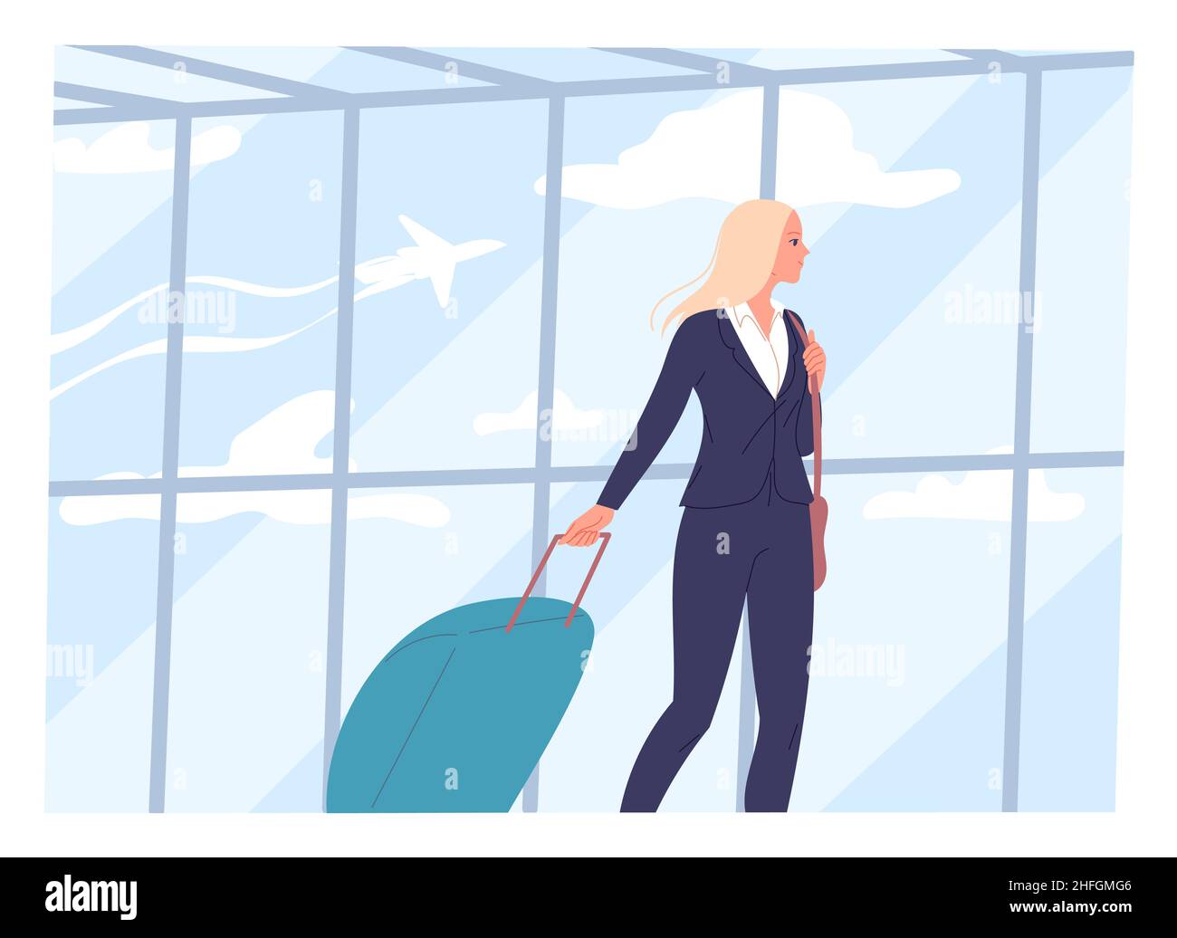 Eine junge Frau geht mit einem Koffer durch einen Flughafen. Stock Vektor