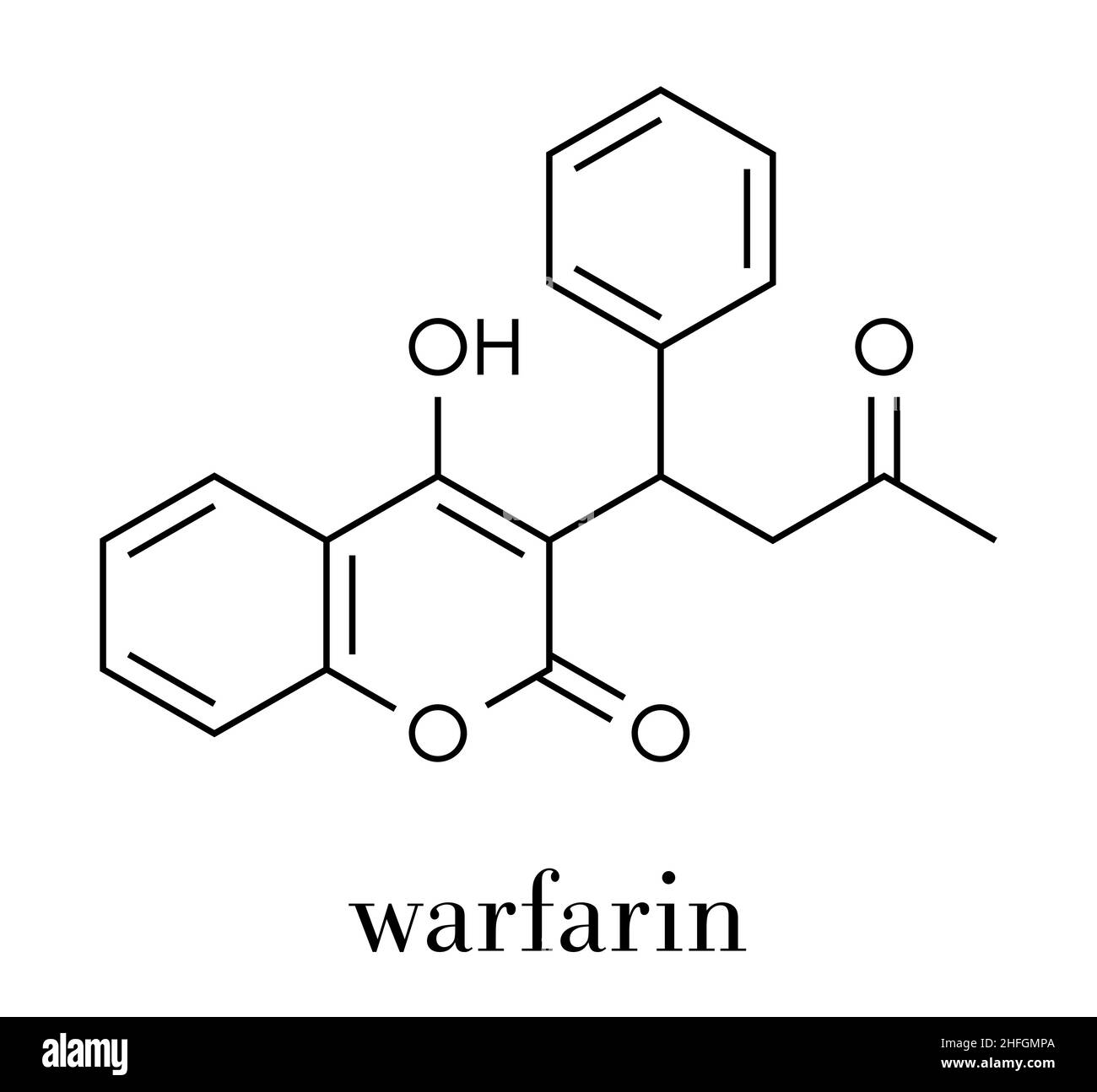 Warfarin gerinnungshemmende Medikament Molekül. In Thrombose und thromboembolien Vorsorge verwendet. Skelettmuskulatur Formel. Stock Vektor