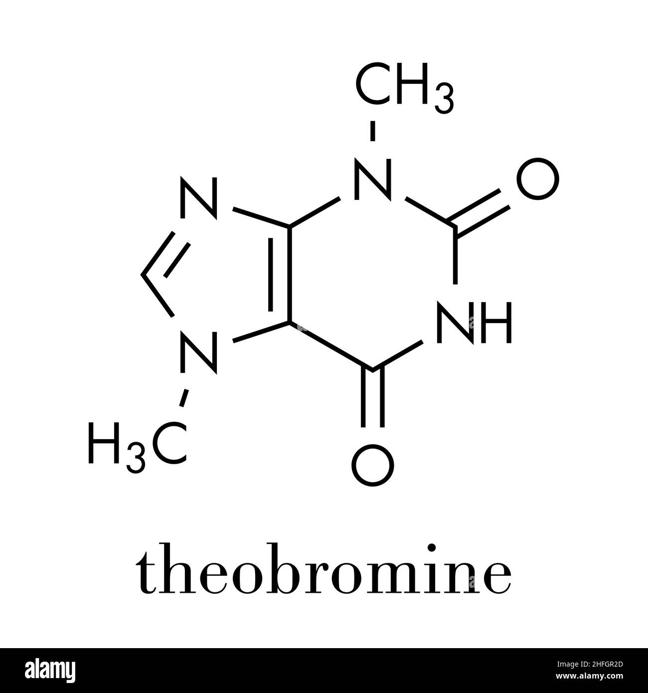 Theobromin (xantheose) Schokolade Alkaloid, das Molekül. In Kakao, Tee, etc. Auch als Droge verwendet. Skelettmuskulatur Formel. Stock Vektor