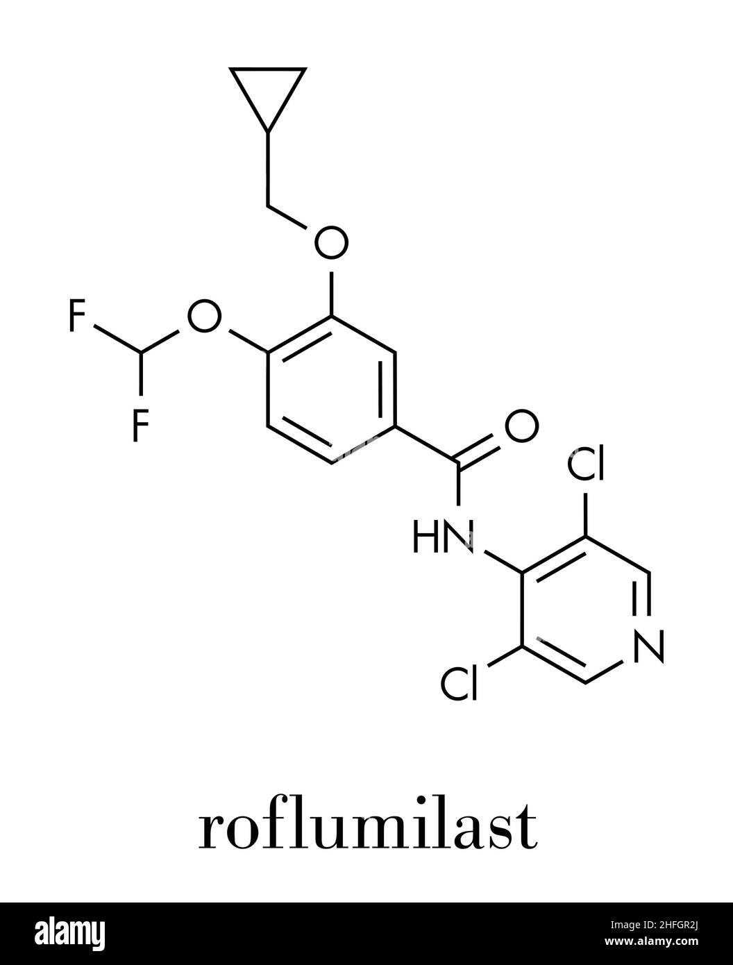 Roflumilast-COPD-Medikamentenmolekül (PDE4-Inhibitor). Skelettformel. Stock Vektor
