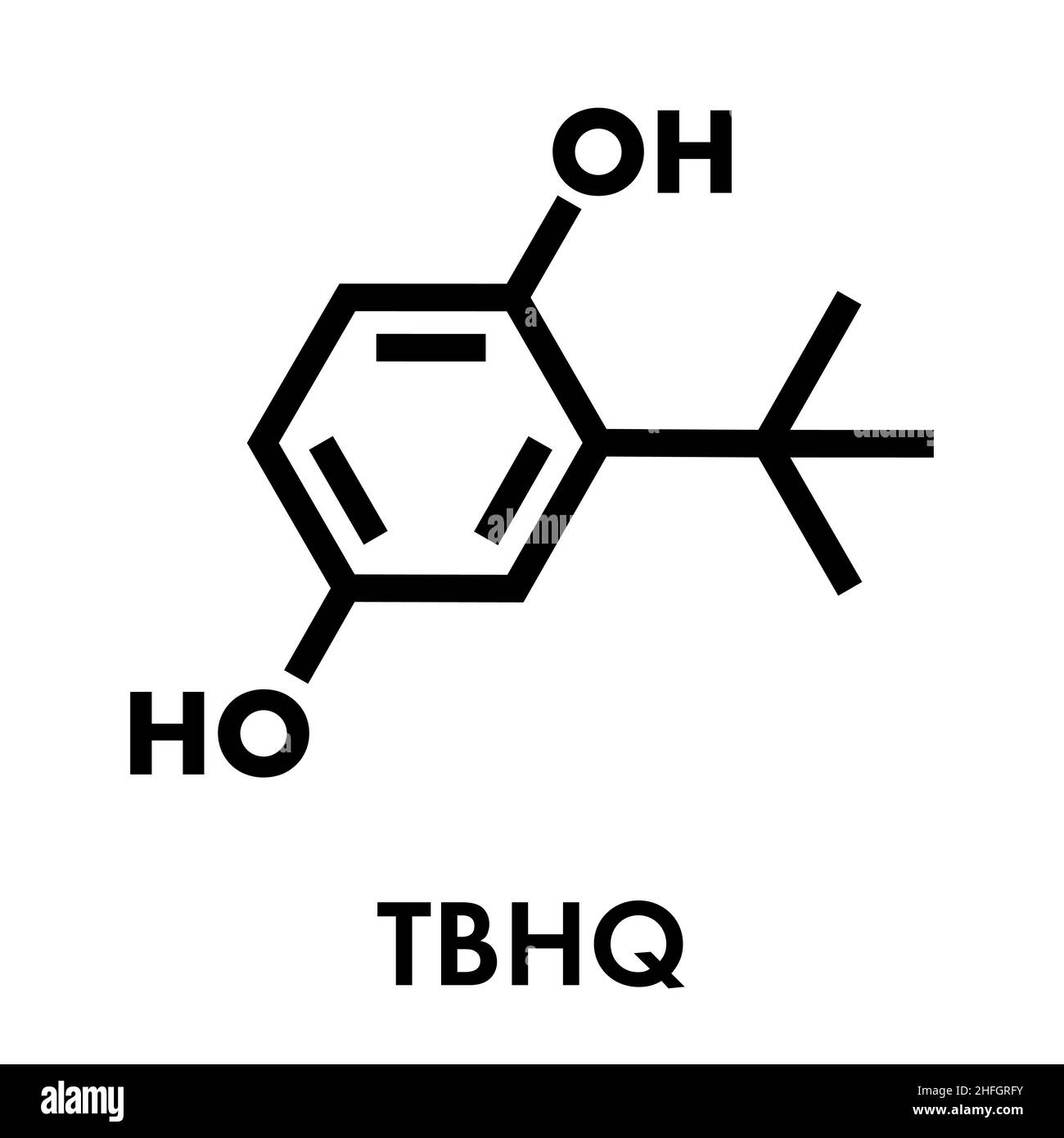 TBHQ (tert-Butylhydroquinone) Antioxidans Konservierungsmittel Molekül. Skelettmuskulatur Formel. Stock Vektor