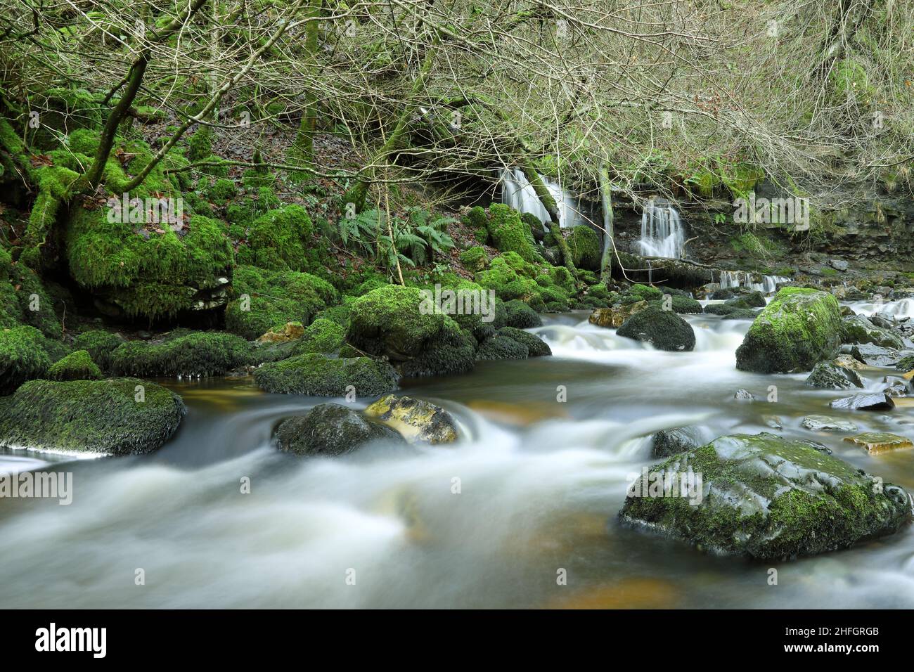 Der sanfte Fluss der Trossachs schlängelt sich friedlich durch üppige Landschaften, sein klares Wasser flüstert Geheimnisse des Friedens und der Harmonie Stockfoto