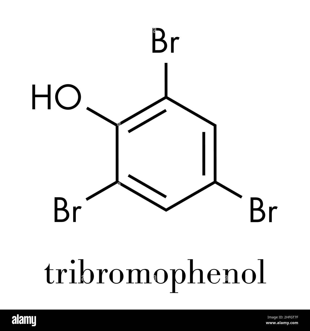 Tribromophenol (TBP, 2,4,6- Tribromophenol) Molekül. Als Fungizid und Holzschutzmittel verwendet; der Skelettmuskulatur Formel. Stock Vektor