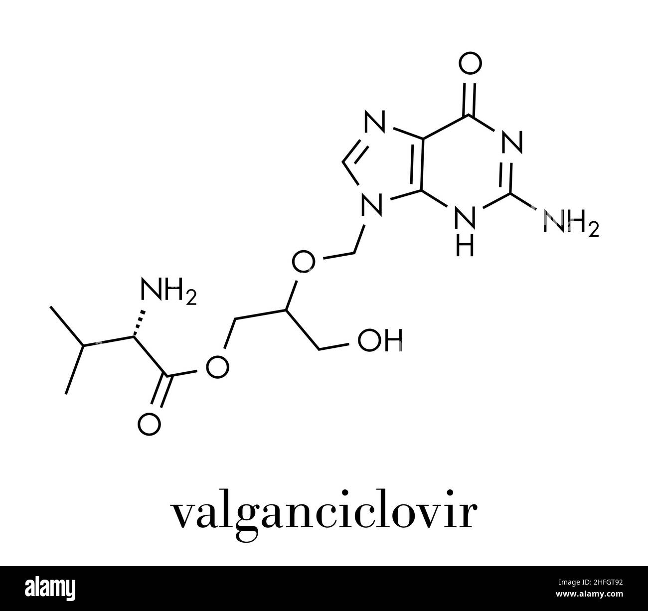 Valganciclovir Cytomegalovirus (CMV, HCMV) Droge Molekül. Skelettmuskulatur Formel. Stock Vektor