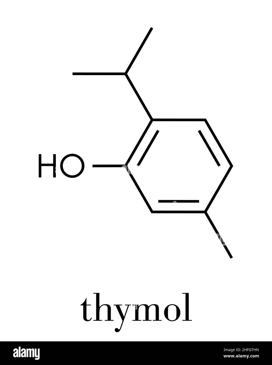 Thymol Öl Thymian Molekül. In der Küche kraut Thymus vulgaris. Hat antiseptische und konservierende Eigenschaften. Skelettmuskulatur Formel. Stock Vektor