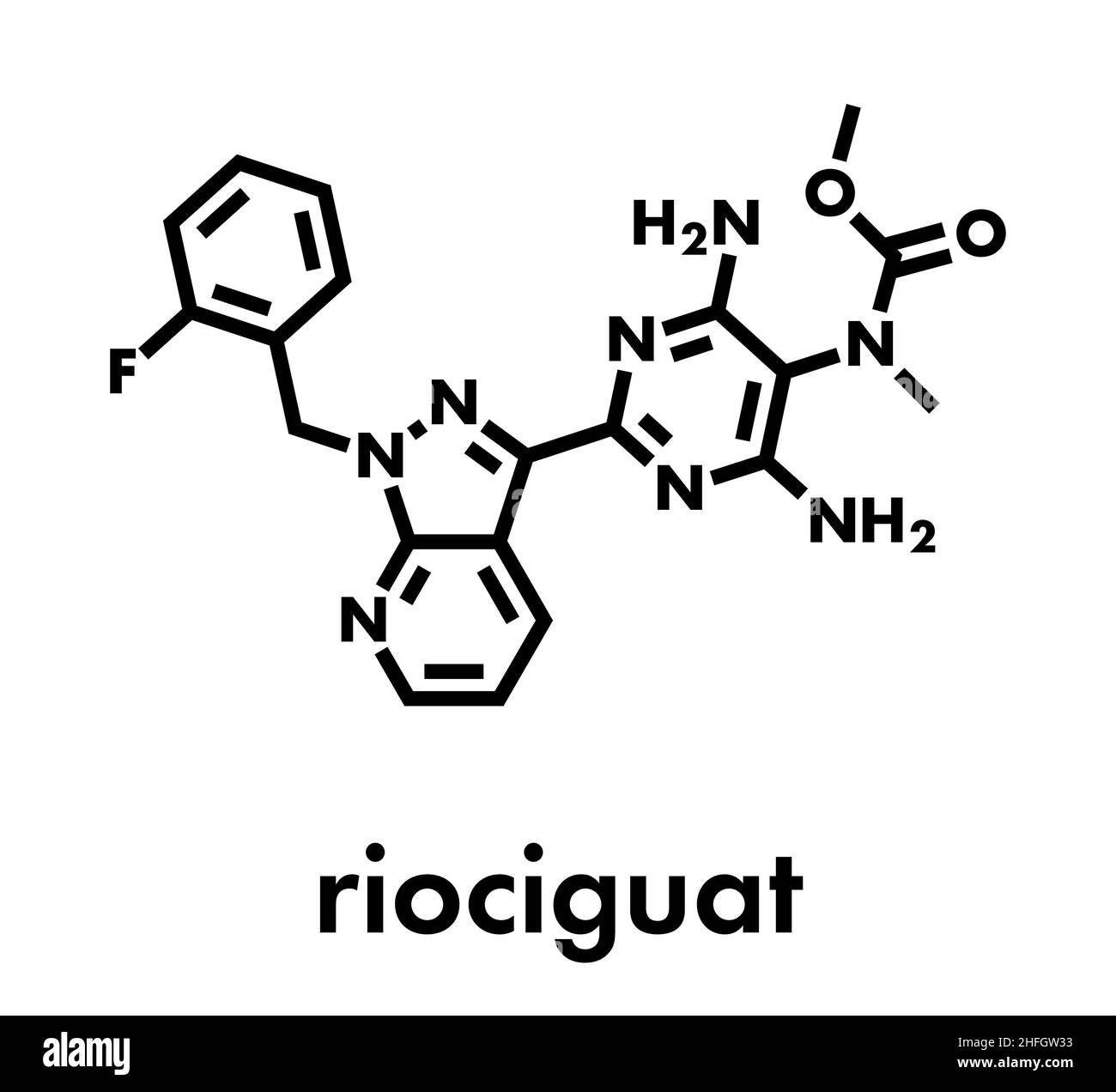 Riociguat-Molekül für pulmonale Hypertonie (PH). Stimulator der löslichen Guanylatcyclase (sGC). Skelettformel. Stock Vektor