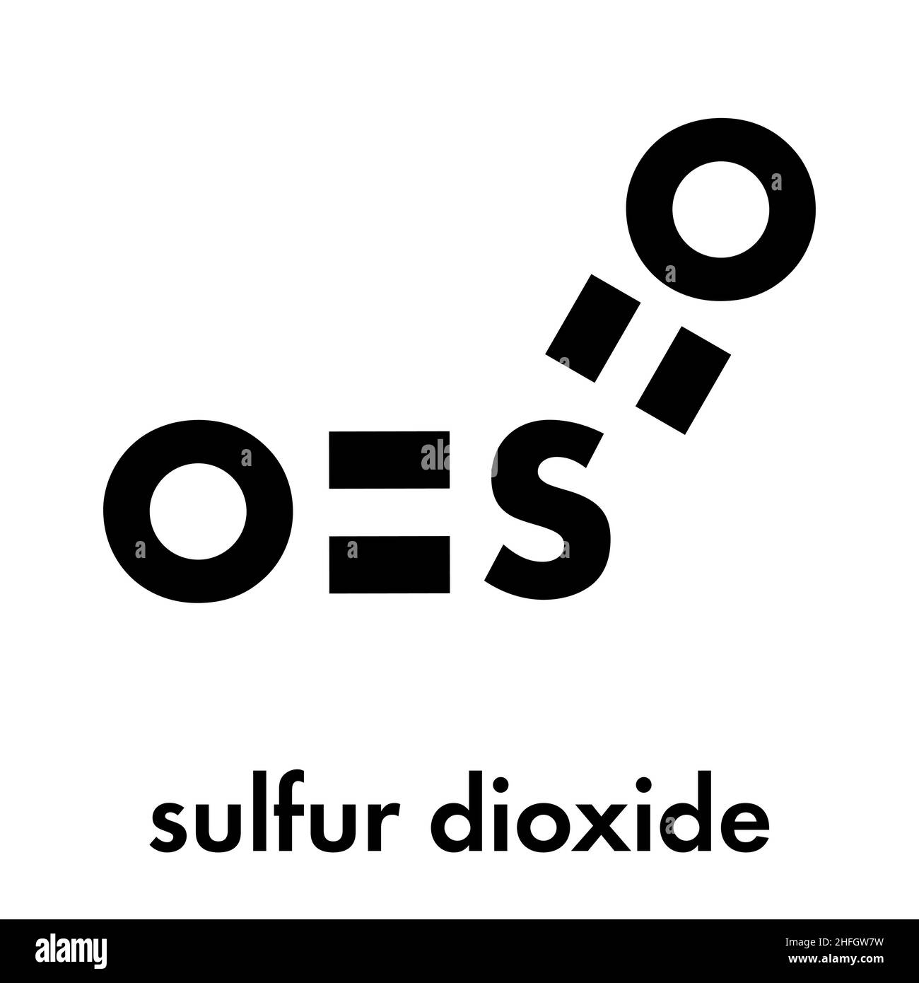 Schwefeldioxid Konservierungsmittel Molekül (E 220). Auch in der Weinbereitung und verantwortlich für Sulfite im Wein verwendet. Skelettmuskulatur Formel. Stock Vektor