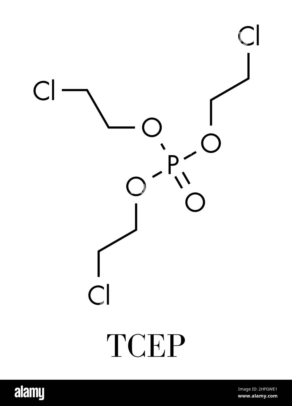 TCEP [Tris(2-chloroethyl)phosphat] Molekül. Als Flammschutzmittel und Weichmacher bei der Herstellung von Polymeren verwendet. Verdacht auf toxische Wirkung auf Re Stock Vektor