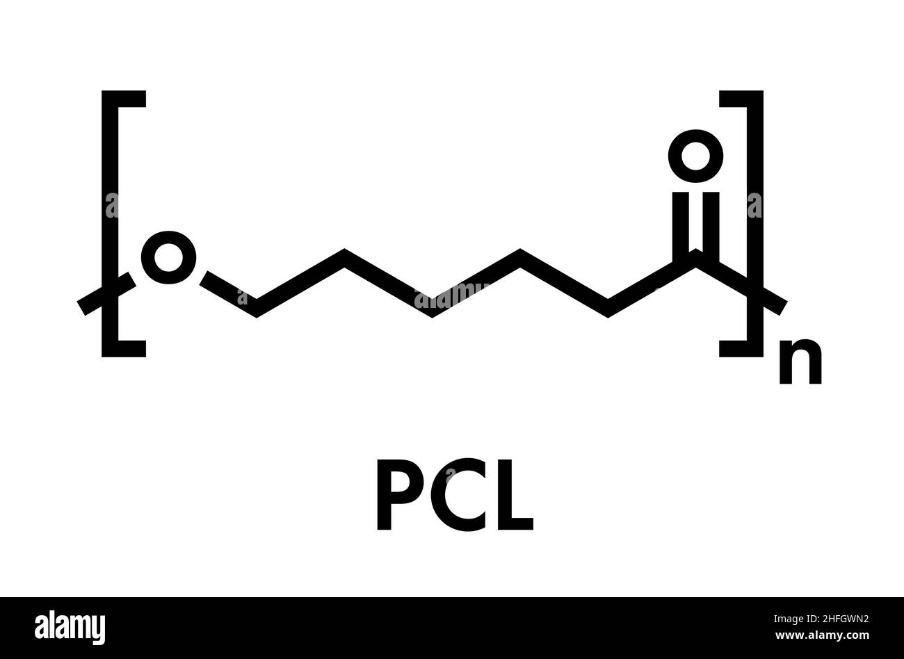 Polycaprolacton (PCL) Biologisch abbaubare Polyester, chemische Struktur. Häufig für biomedizinische Anwendungen und für Rapid Prototyping eingesetzt. Skelettmuskulatur fo Stock Vektor