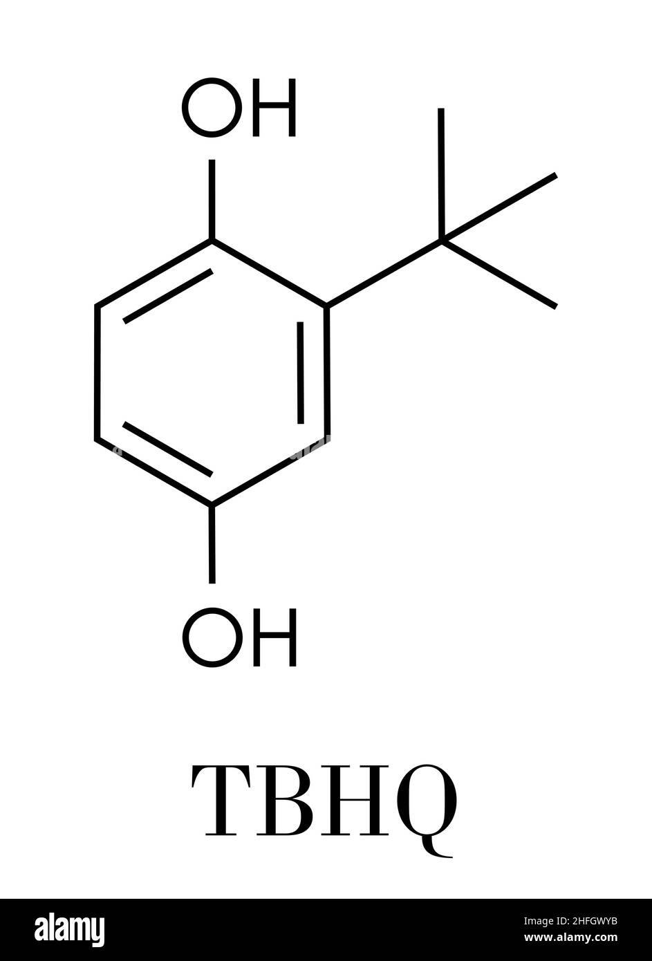 TBHQ (tert-Butylhydroquinone) Antioxidans Konservierungsmittel Molekül. Skelettmuskulatur Formel. Stock Vektor