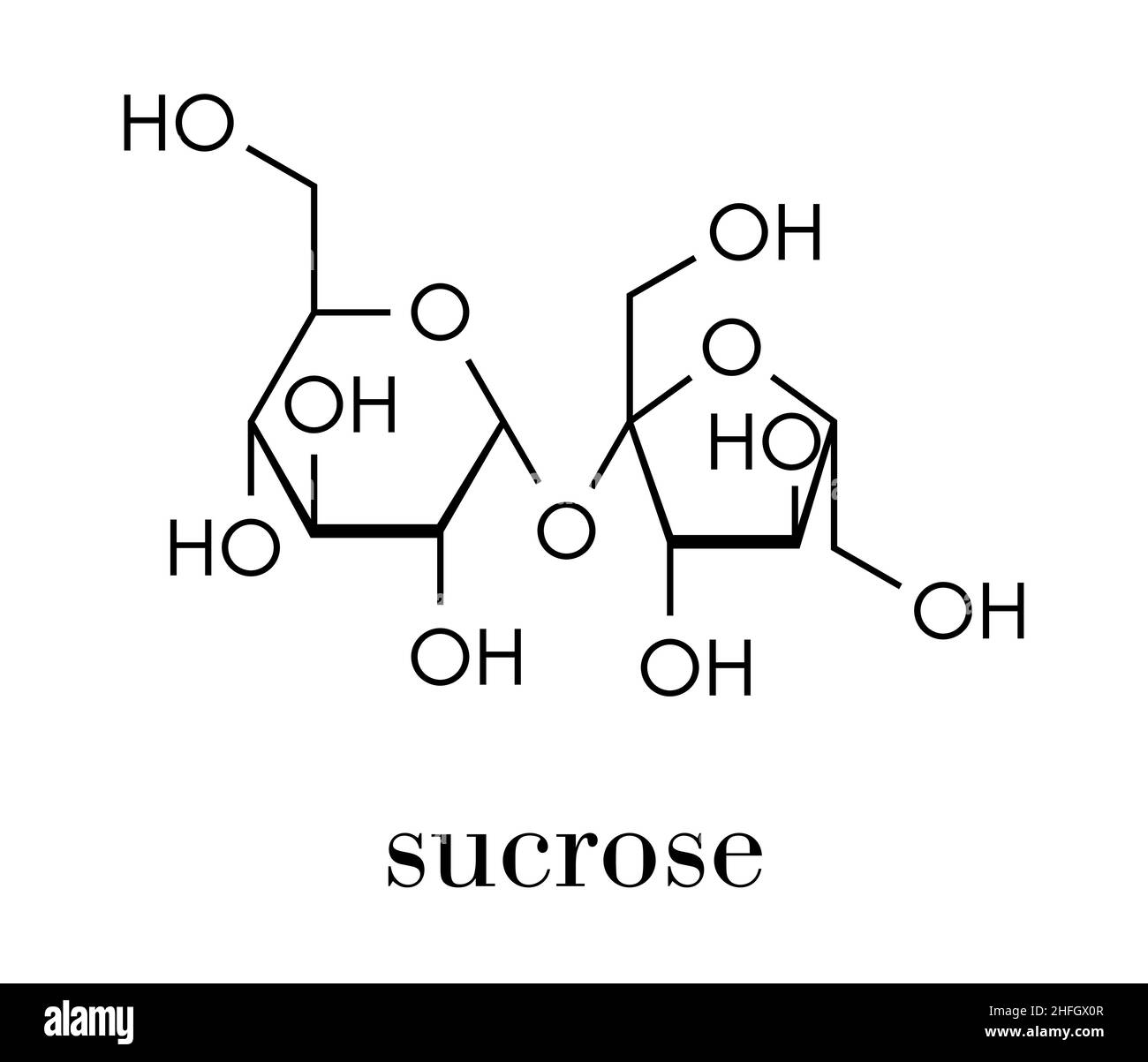 Saccharose Zucker Molekül. Auch als Tabelle Zucker, Rohrzucker oder Rübenzucker bekannt. Skelettmuskulatur Formel. Stock Vektor