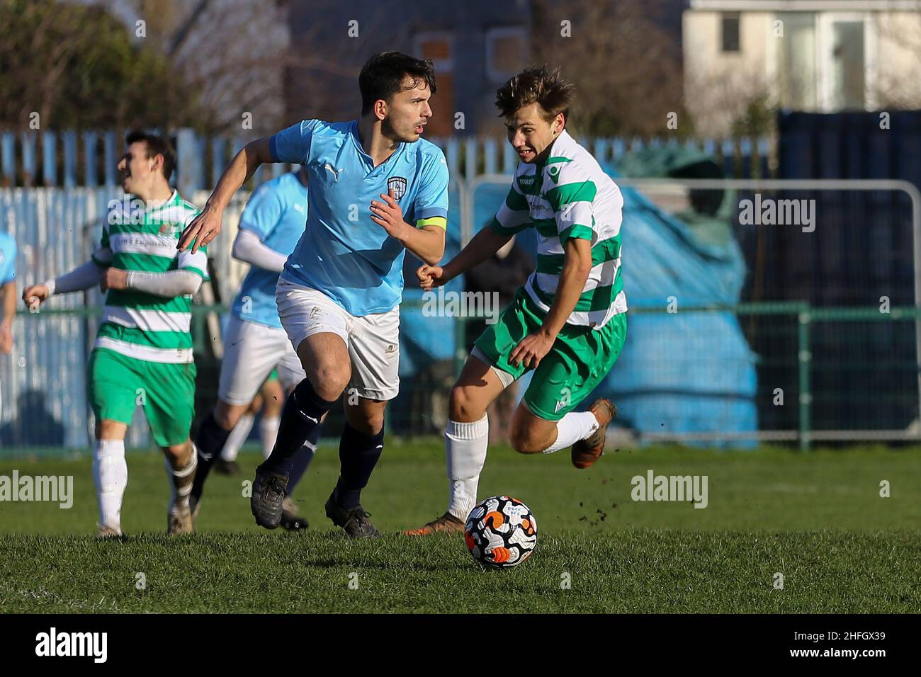 Das Spiel des FA National Sunday Cup zwischen Dock AFC und Campfield FC in der Prahbu Ventures Ltd. Arena von Camell Laird, Birkenhead, am Sonntag, den 16th. Januar 202 Stockfoto