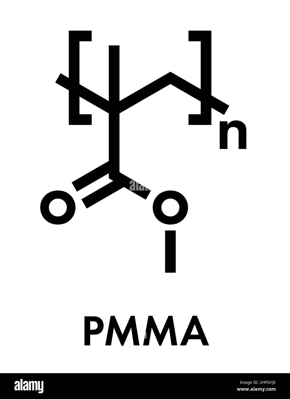 Acrylglas oder Polymethylmethacrylat, chemische Struktur. PMMA ist der Hauptbestandteil von Acrylfarbe (Latex) und Acrylglas. Skelettform Stock Vektor