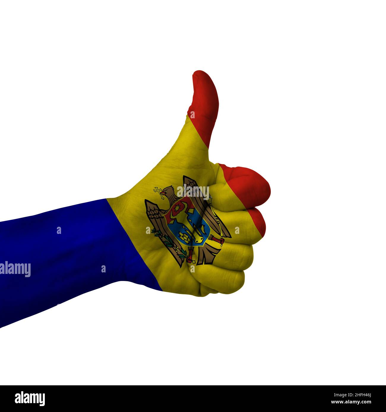 Handmaking Siegeszeichen, moldawien gemalt mit Flagge als Symbol für Sieg, Widerstand, Kampf, Macht, Protest, Erfolg - isoliert auf weißem Hintergrund Stockfoto