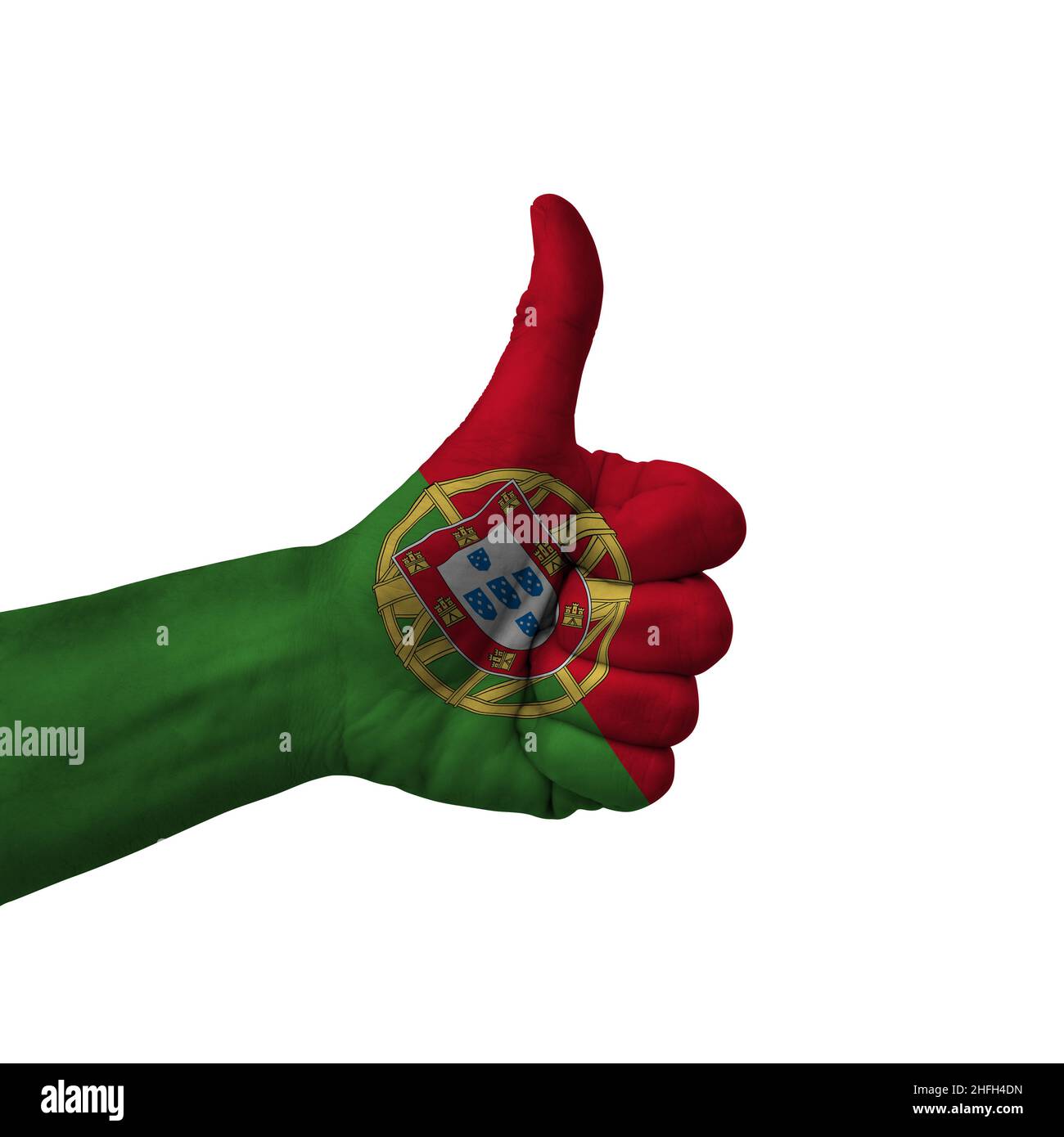 Hand machen Daumen hoch Zeichen, portugal gemalt mit Flagge als Symbol der Daumen hoch, wie, okay, positiv - isoliert auf weißem Hintergrund Stockfoto