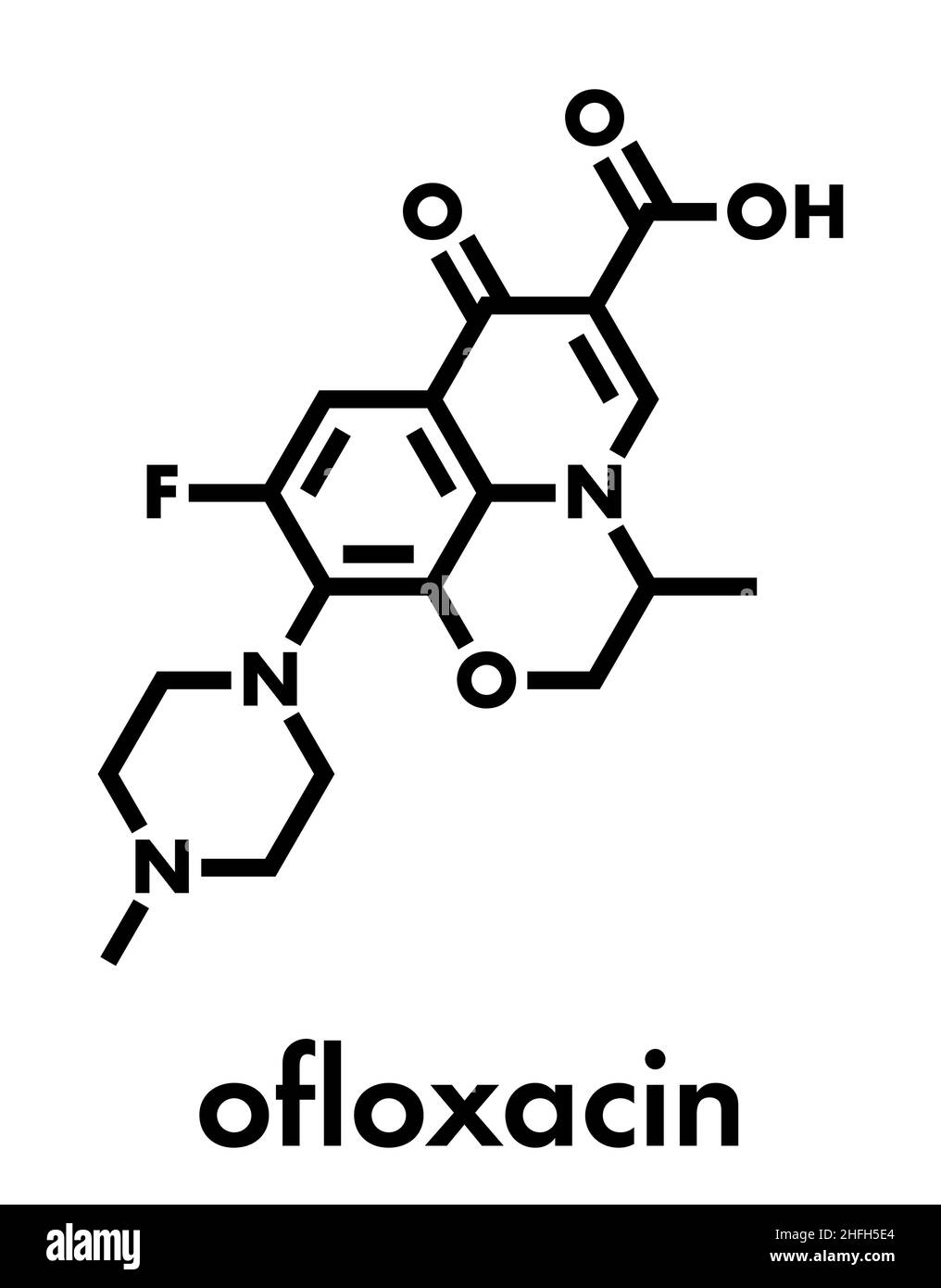 Ofloxacin fluoroquinolone Antibiotikum Medikament Molekül. Skelettmuskulatur Formel. Stock Vektor