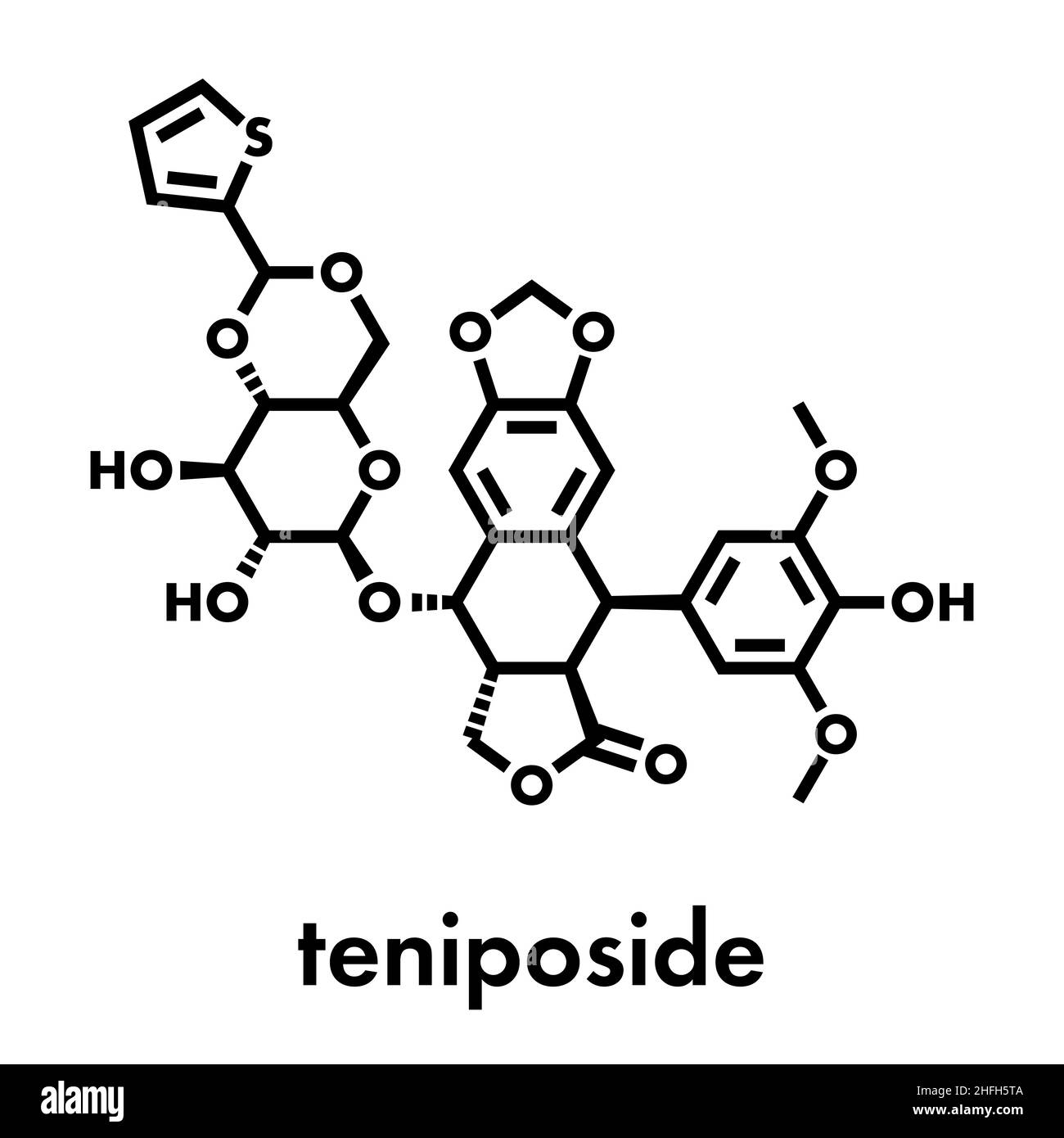 Teniposid-Krebsmolekül (Topoisomerase-II-Hemmer). Skelettformel. Stock Vektor