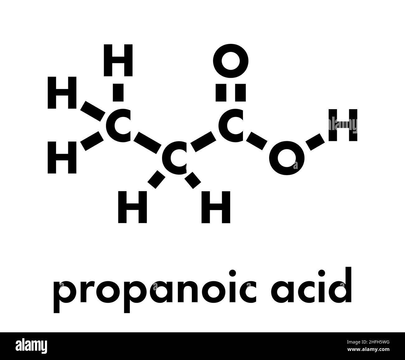 Propionsäure (Propansäure)-Molekül. Wird als Konservierungsmittel in Lebensmitteln verwendet. Skelettformel. Stock Vektor