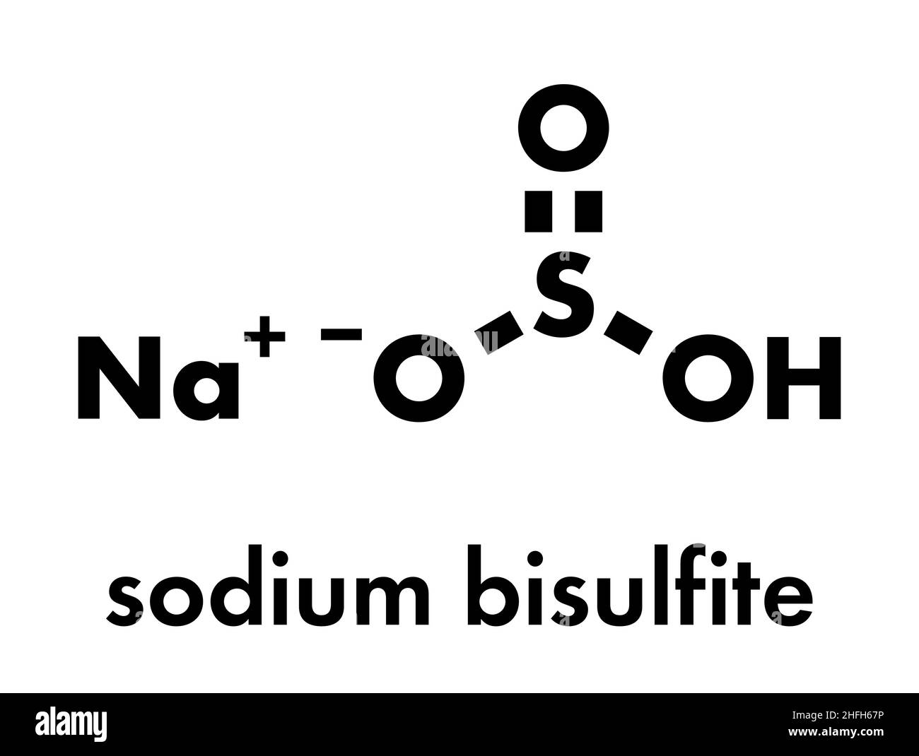Natriumbisulfit-Salz, chemische Struktur. Wird als Konservierungsmittel für Lebensmittel verwendet (E222). Skelettformel. Stock Vektor