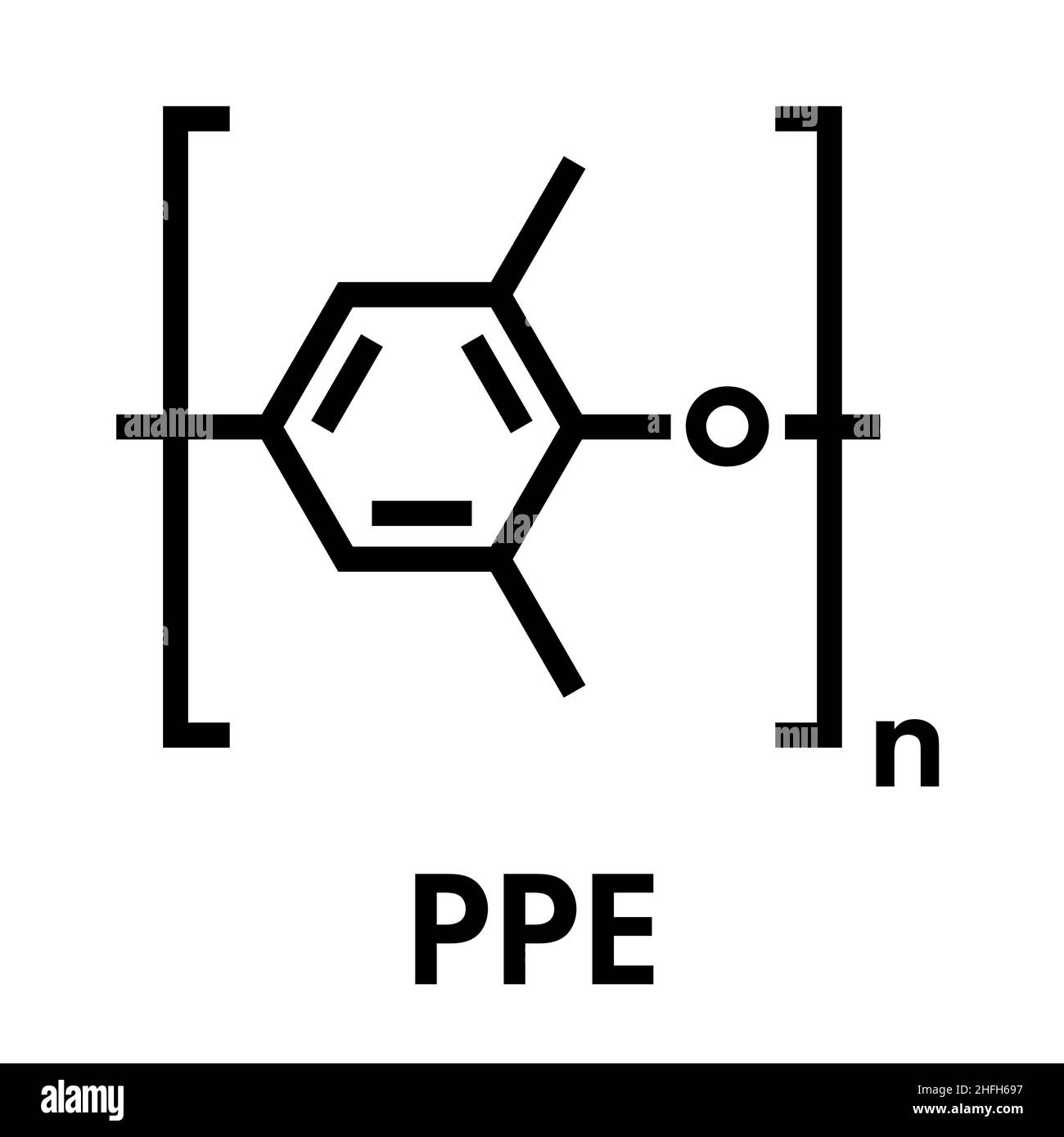 Poly(pphenylen Oxide) (PPO) Polymer, chemische Struktur. Auch als Poly