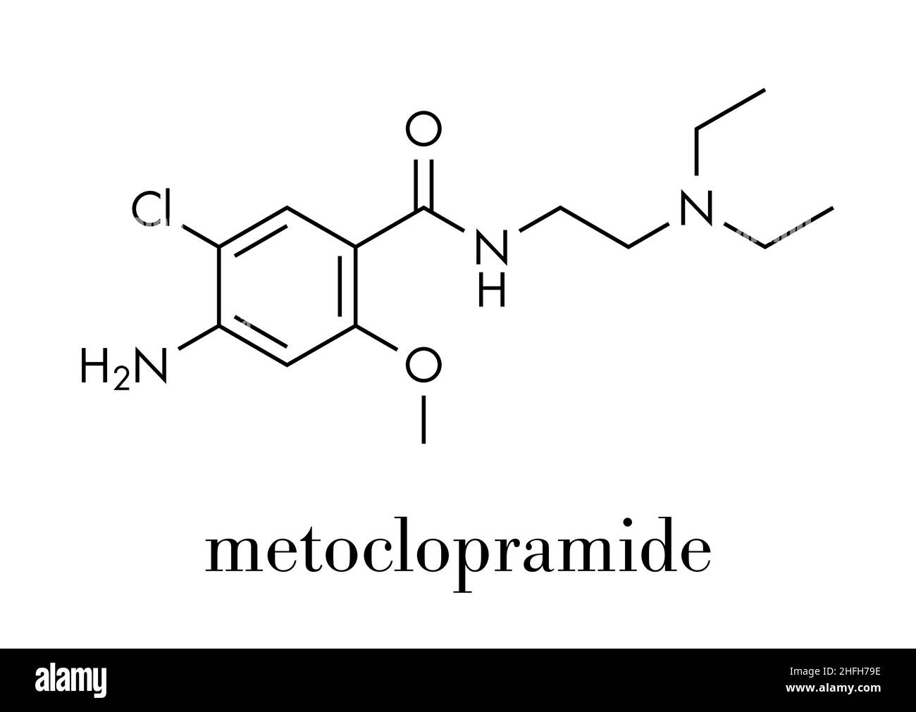Metoclopramid Übelkeit und Erbrechen Behandlung Droge Molekül. Skelettmuskulatur Formel. Stock Vektor