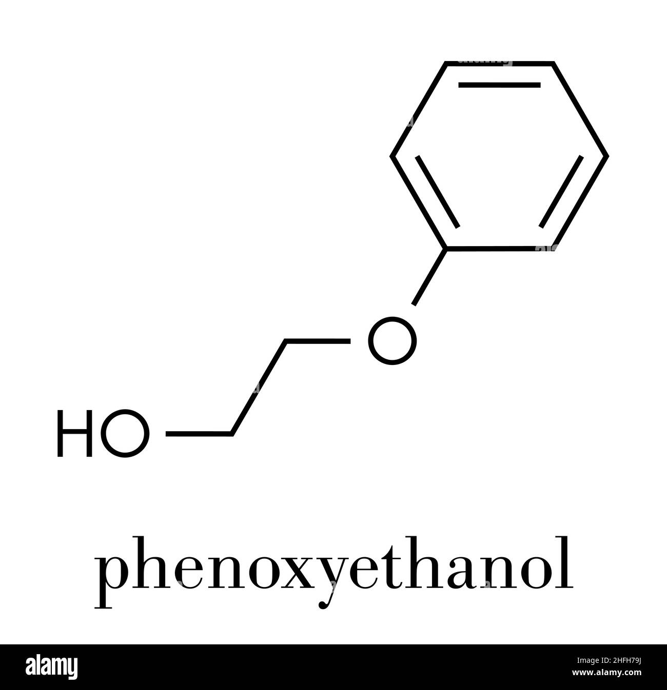 Phenoxyethanol-Konservierungsmolekül. Verwendet in Kosmetika, Impfstoffen, Medikamenten, etc. Skeletal Formel. Stock Vektor