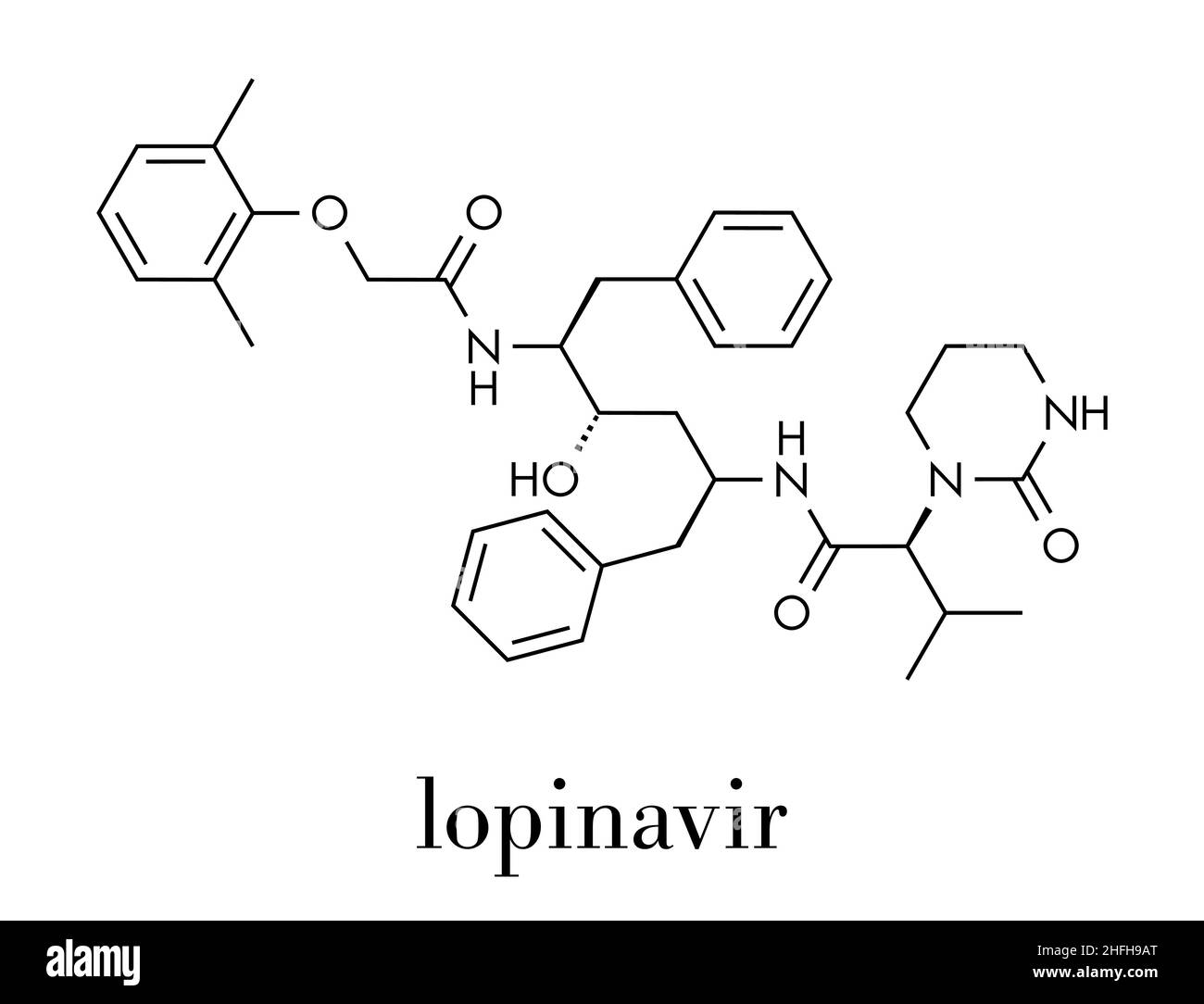 Lopinavir HIV-Medikamentenmolekül. Protease-Inhibitor der Klasse antiretroviral. Skelettformel. Stock Vektor