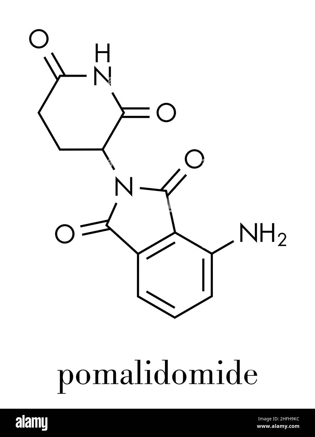 Pomalidomid multiples Myelom-Medikamentenmolekül. Verwandt mit Thalidomid. Skelettformel. Stock Vektor