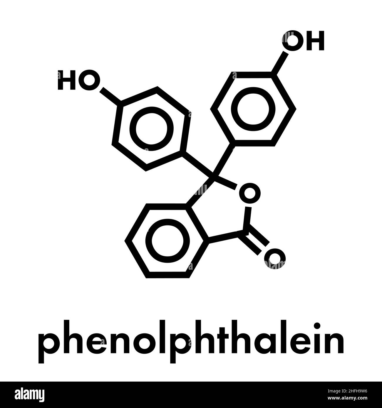 Phenolphthalein-Indikatormolekül. Wird in Säure-Base-Titrationen und als Abführmittel verwendet. Skelettformel. Stock Vektor