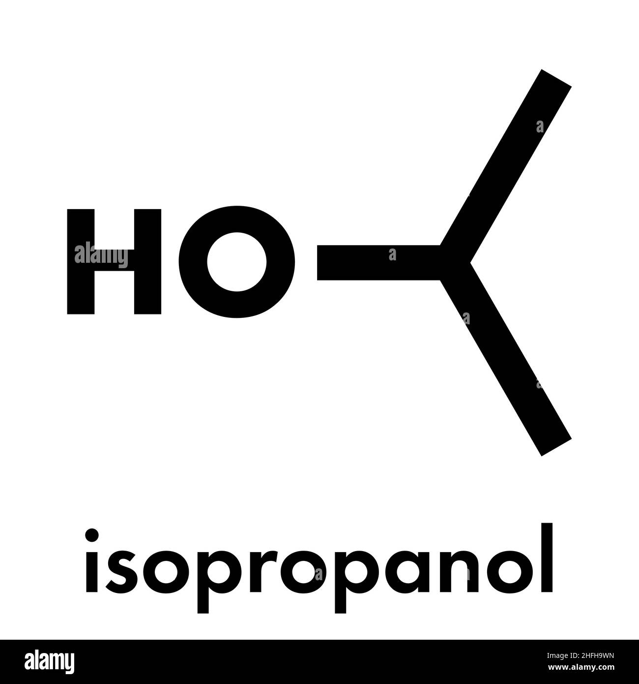 Isopropylalkohol (Isopropanol, 2-Propanol) Molekül. In Desinfektionslösungen und als Lösungsmittel verwendet. Skelettmuskulatur Formel. Stock Vektor