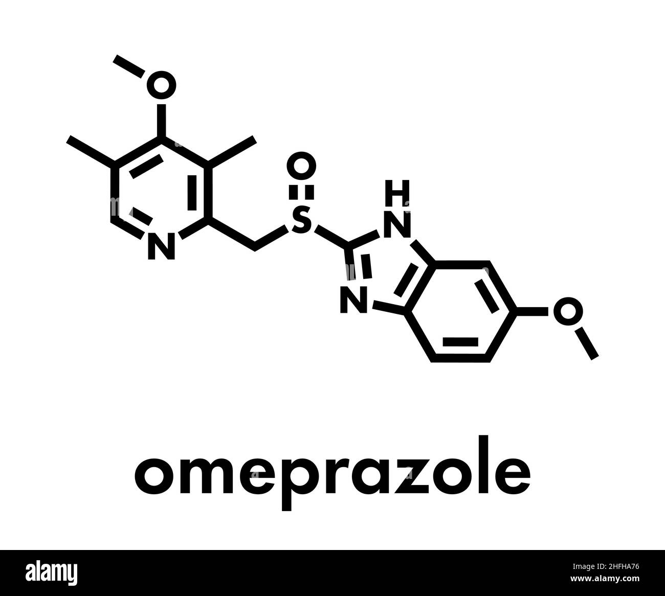 Omeprazol Dyspepsie und peptisches Magengeschwür Medikament (protonenpumpenhemmer) Molekül. Skelettmuskulatur Formel. Stock Vektor
