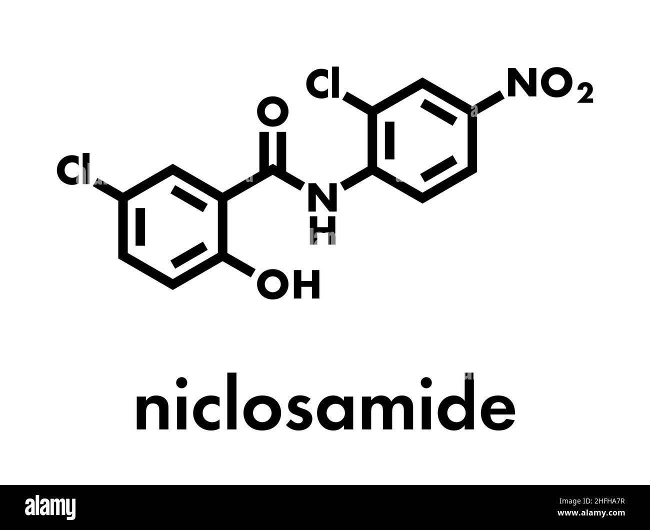 Niclosamide Ethanolamin bandwurm Droge Molekül (anthelminthikum). Kann sinnvoll als Antidiabetika werden als eine mitochondriale uncoupler. Skelett Stock Vektor