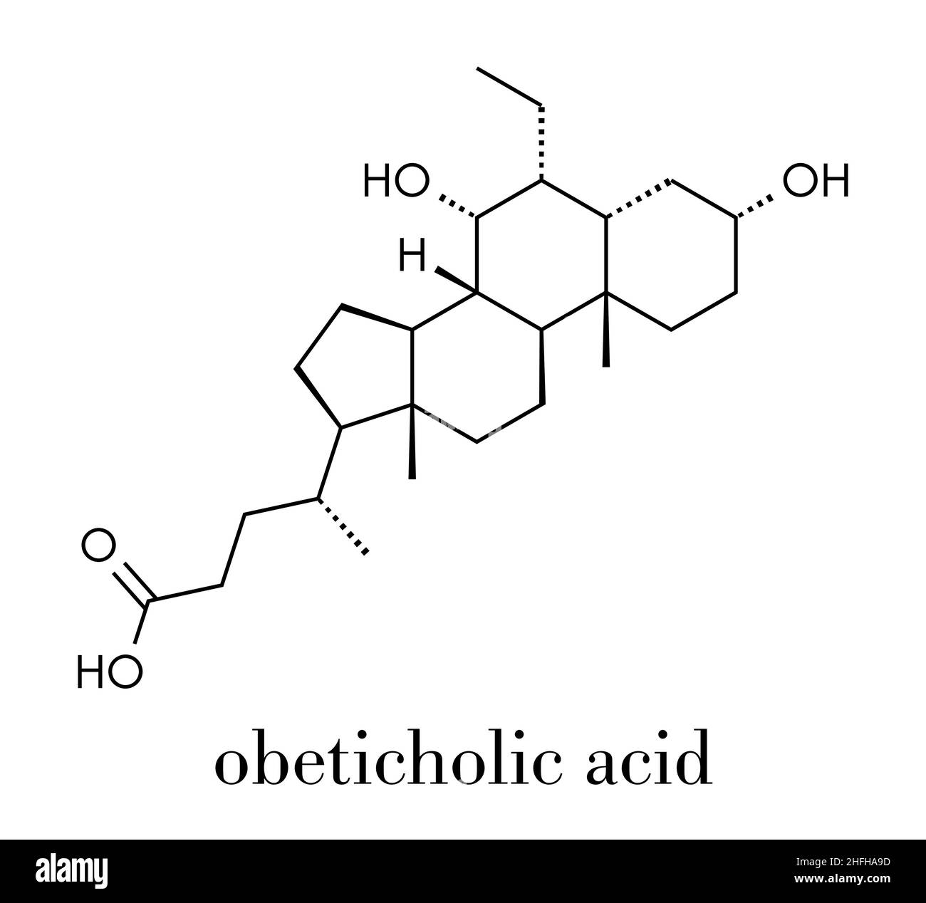 Arzneimittelmolekül für Lebererkrankungen mit Obeticholsäure. Agonist des Farnesoid-x-Rezeptors (FXR). Skelettformel. Stock Vektor