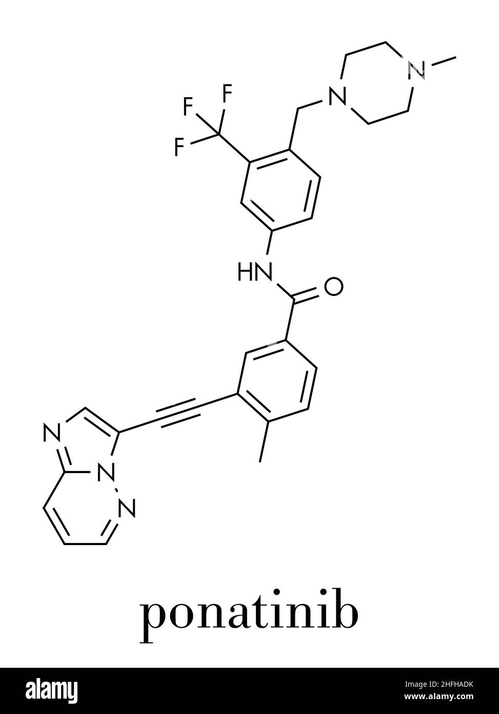 Ponatinib Krebsmedikamentöse Molekül. Tyrosinkinase-Inhibitor zur Behandlung von chronischer myeloischer Leukämie (CML) und akuter lymphoblastischer Leukämie (ALL). Stock Vektor